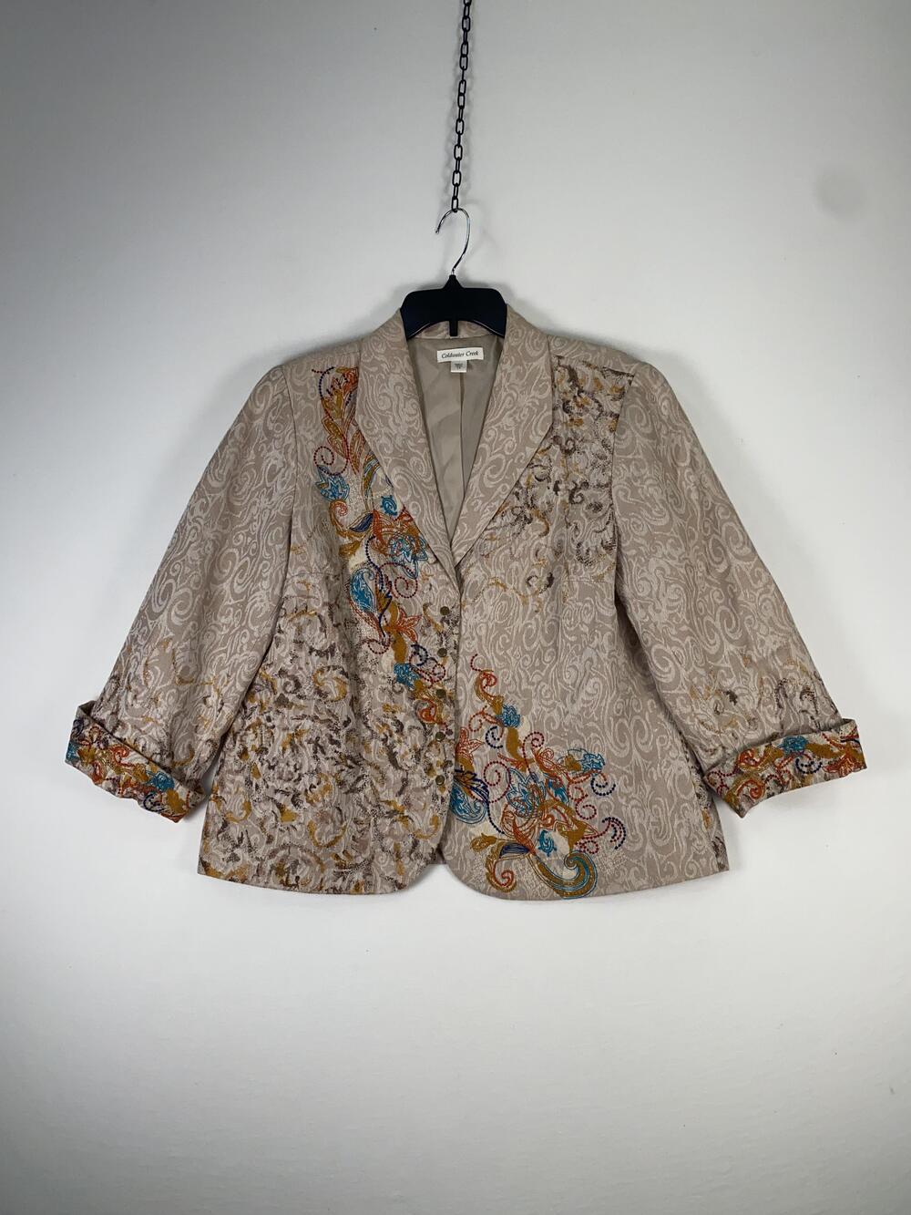 Coldwater Creek Blazer Womens 14 Beige Paisley Embroidered Linen Blend Tweed